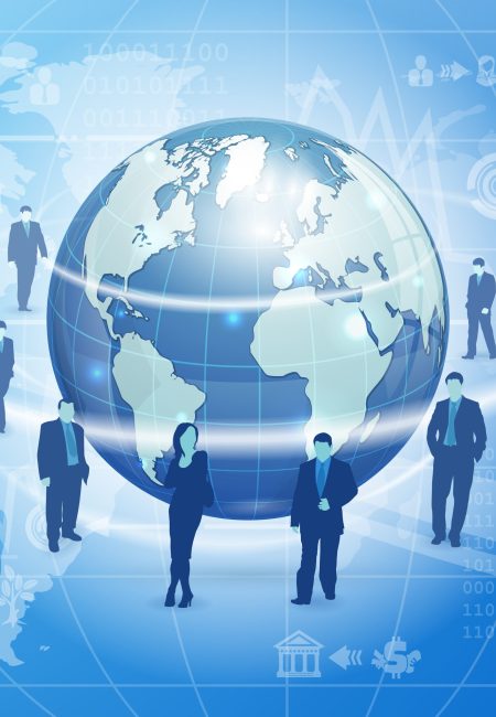 Global Business Concept Global Business Concept with Earth, Business Silhouettes and Icons, vector illustration on abstract background